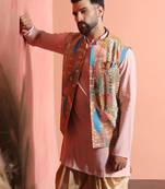 Beige kurta jacket patiala set with ethnic motifs print     classic indian festive outfit