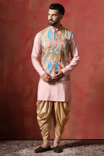 Beige kurta jacket patiala set with ethnic motifs print     classic indian festive outfit