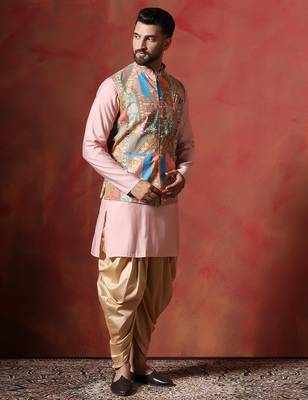Beige kurta jacket patiala set with ethnic motifs print     classic indian festive outfit 3