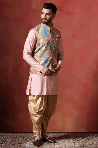 Beige kurta jacket patiala set with ethnic motifs print     classic indian festive outfit