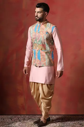 Beige kurta jacket patiala set with ethnic motifs print     classic indian festive outfit