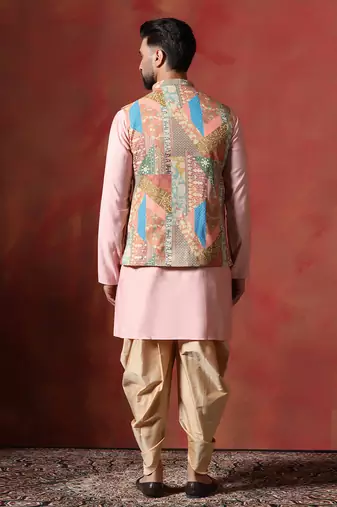 Beige kurta jacket patiala set with ethnic motifs print     classic indian festive outfit