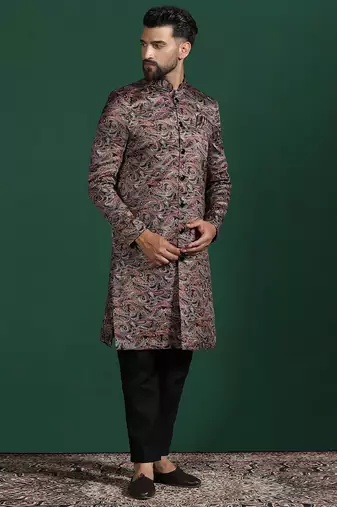 Maroon sherwani trouser set with paisley design     regal indian wedding attire