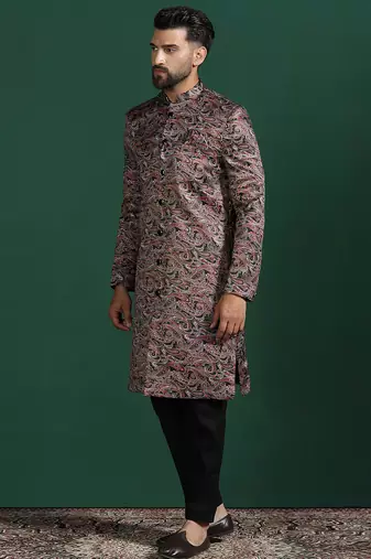 Maroon sherwani trouser set with paisley design     regal indian wedding attire