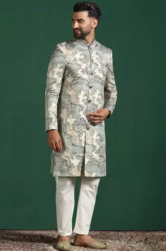 multicolor sherwani pyjama set with paisley sherwani