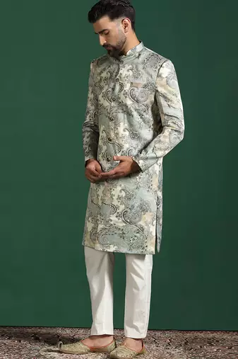 multicolor sherwani pyjama set with paisley sherwani