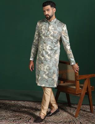 beige sherwani pyjama set with paisley sherwani 1