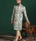 beige sherwani pyjama set with paisley sherwani