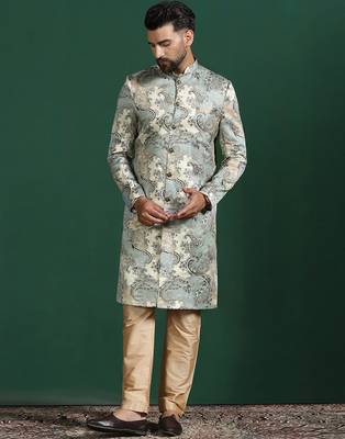 beige sherwani pyjama set with paisley sherwani 2
