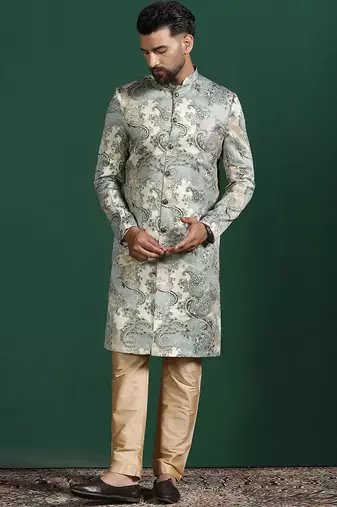 beige sherwani pyjama set with paisley sherwani