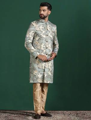 beige sherwani pyjama set with paisley sherwani 3
