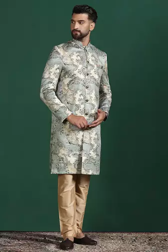 beige sherwani pyjama set with paisley sherwani