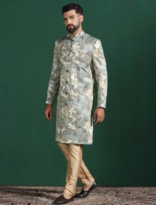 beige sherwani pyjama set with paisley sherwani 4