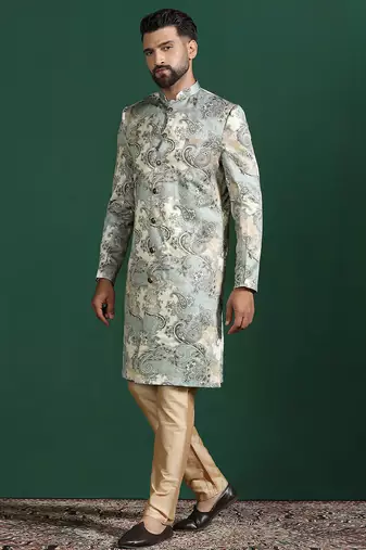 beige sherwani pyjama set with paisley sherwani