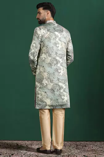 beige sherwani pyjama set with paisley sherwani