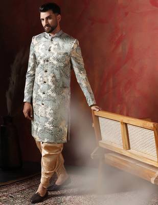 Beige sherwani patiala set with paisley design     indian traditional outfit for men 1