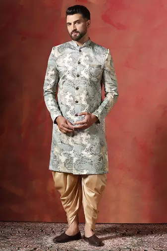 Beige sherwani patiala set with paisley design     indian traditional outfit for men