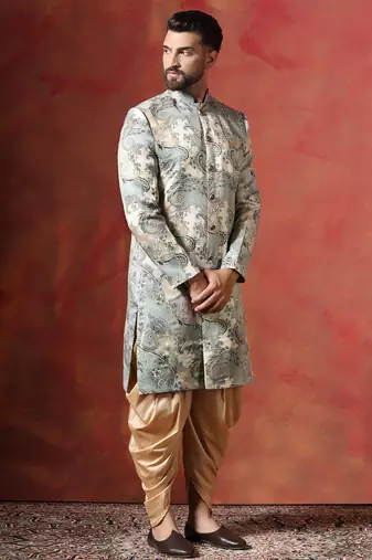 Beige sherwani patiala set with paisley design     indian traditional outfit for men