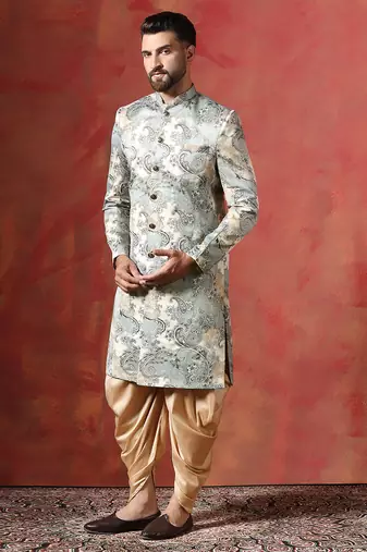 Beige sherwani patiala set with paisley design     indian traditional outfit for men