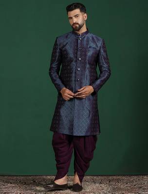 Navy blue embroidered sherwani dhoti set     indian groom wedding wear 1