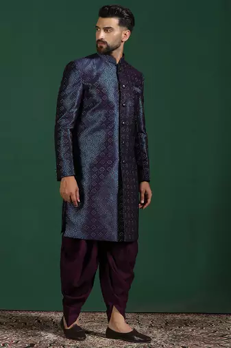 Navy blue embroidered sherwani dhoti set     indian groom wedding wear