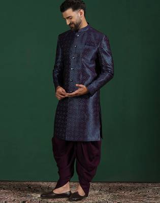 Navy blue embroidered sherwani dhoti set     indian groom wedding wear 3