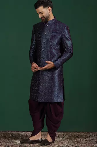 Navy blue embroidered sherwani dhoti set     indian groom wedding wear