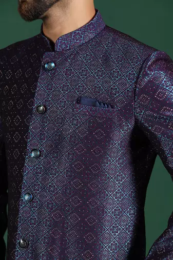 Navy blue embroidered sherwani dhoti set     indian groom wedding wear