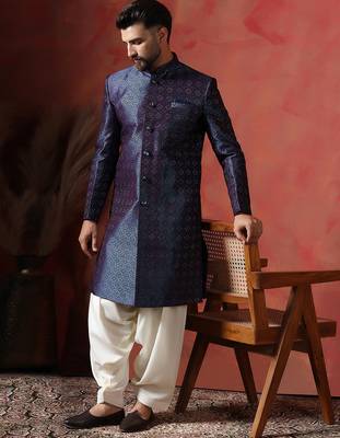 Navy Blue Embroidered Sherwani with Golden Patiala 1