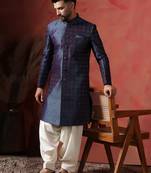 Navy Blue Embroidered Sherwani with Golden Patiala