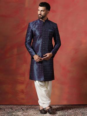 Navy Blue Embroidered Sherwani with Golden Patiala 2