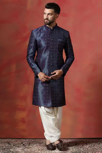 Navy Blue Embroidered Sherwani with Golden Patiala