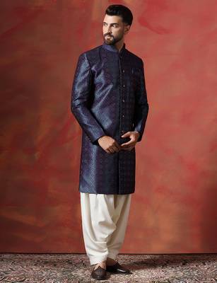 Navy Blue Embroidered Sherwani with Golden Patiala 3
