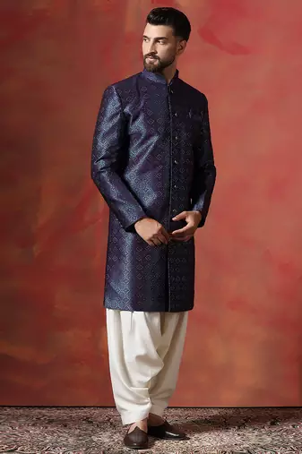Navy Blue Embroidered Sherwani with Golden Patiala