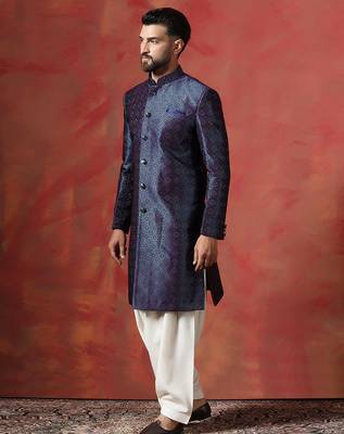 Navy Blue Embroidered Sherwani with Golden Patiala 4