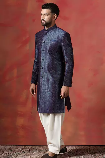 Navy Blue Embroidered Sherwani with Golden Patiala