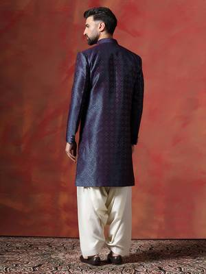 Navy Blue Embroidered Sherwani with Golden Patiala 5