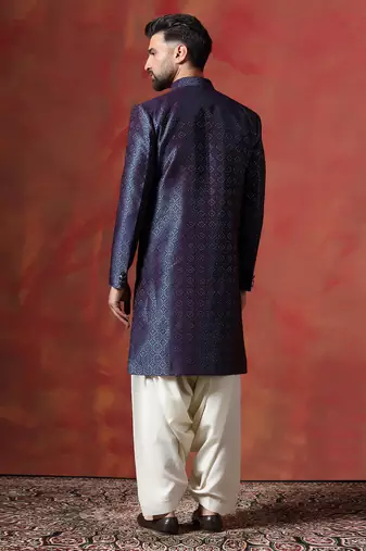 Navy Blue Embroidered Sherwani with Golden Patiala