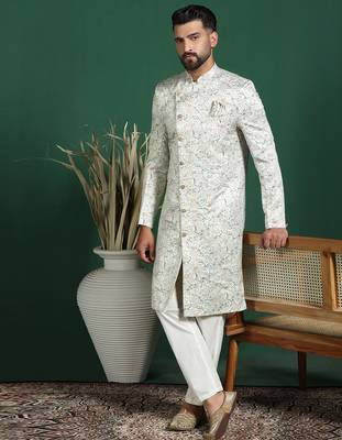 Cream sherwani pyjama set with paisley design 2