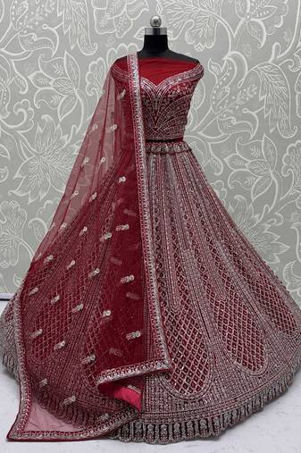 Attractive Red Net Zircon Work Bridal Wear Lehenga Choli With Dupatta