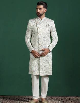 Cream sherwani pyjama set with paisley design 1