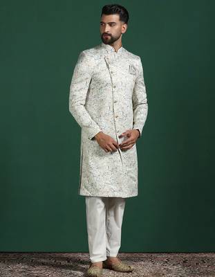 Cream sherwani pyjama set with paisley design 3