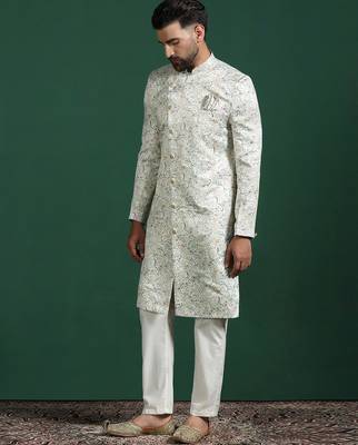 Cream sherwani pyjama set with paisley design 4