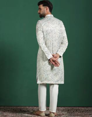 Cream sherwani pyjama set with paisley design 5