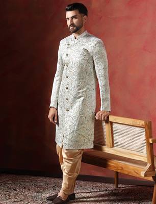 Cream sherwani patiala set with paisley design     indian cultural event outfit 1