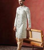 Cream sherwani patiala set with paisley design     indian cultural event outfit