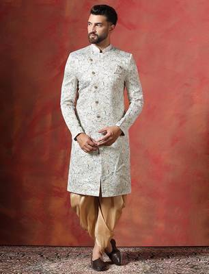 Cream sherwani patiala set with paisley design     indian cultural event outfit 2