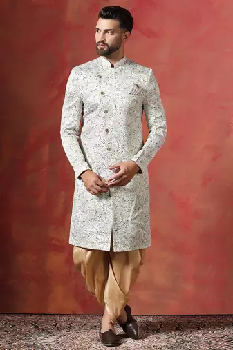 Cream sherwani patiala set with paisley design     indian cultural event outfit