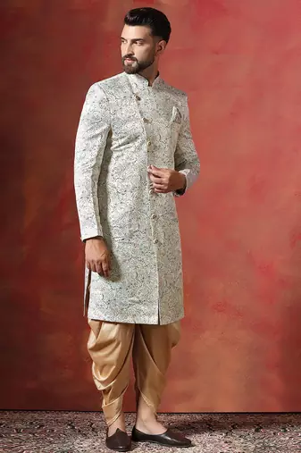 Cream sherwani patiala set with paisley design     indian cultural event outfit
