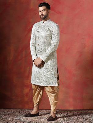 Cream sherwani patiala set with paisley design     indian cultural event outfit 4